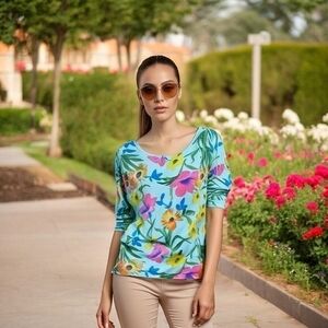 Joseph A Women's Multicolor Floral Silk Blouse XL 85% Silk 3/4 Sleeve Crew VG